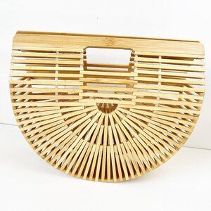Half Moon Bamboo Beach Clutch Purse Basket Tote Slatted Wood Natural Boho